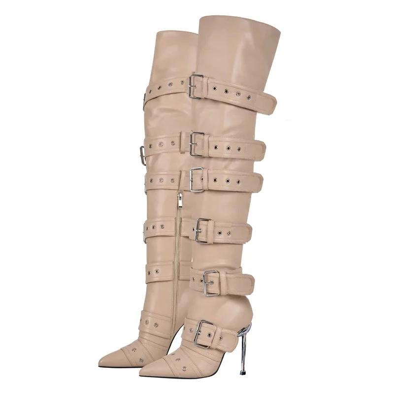 Fashion New Hollow Out Rivet Belt Buckle Red Black Over The Knee Boots Hot Girl Sexy Punk Style Pole Dance Pointed High-heel Long Boots