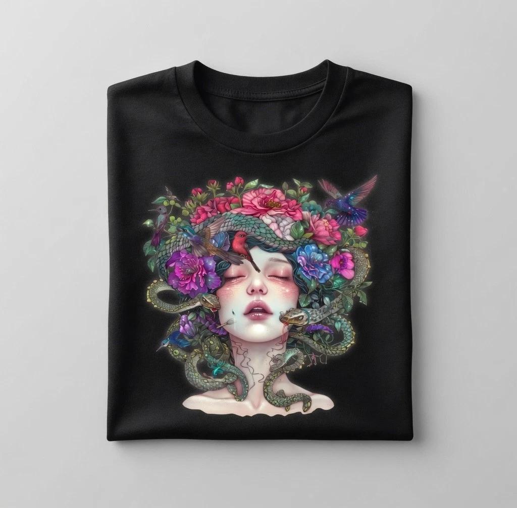 Medusa Floral Snakes Hummingbirds Goddess Graphic T-Shirt M
