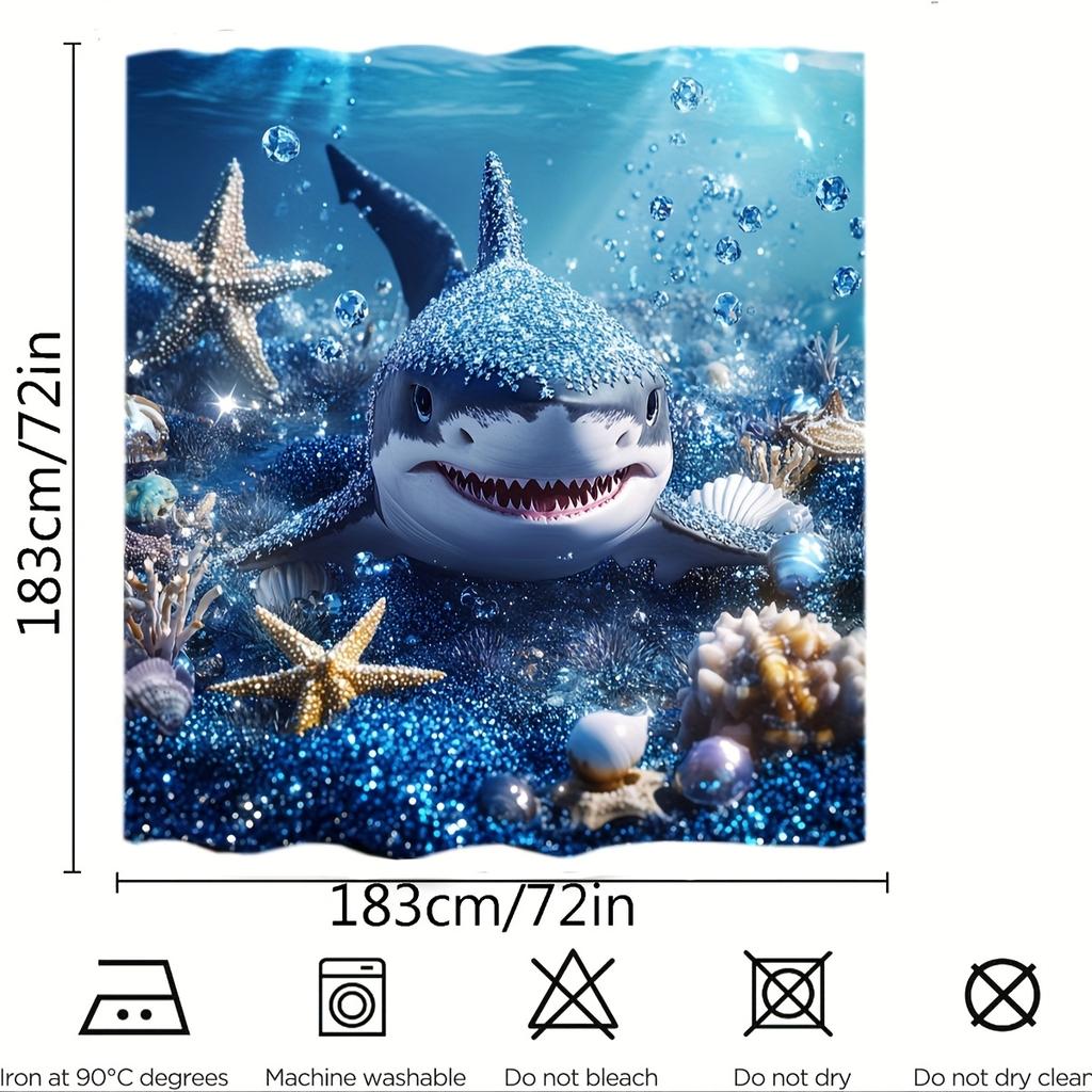 1 Piece Shark Print Polyester Shower Curtain - Fun Ocean Adventure Design, Bathroom Accessories | Underwater Scene Decoration