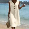 Sleeveless V Neck Midi Dress for Women with Front Pleat and Decorative Button Loose Fit Casual Style