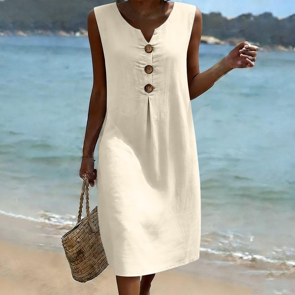 Sleeveless V Neck Midi Dress for Women with Front Pleat and Decorative Button Loose Fit Casual Style