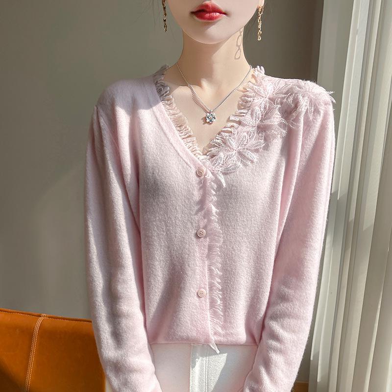 Three-dimensional Floral Knit Cardigan - Autumn/Winter Casual Loose V-neck with Cross Lace Long Sleeves