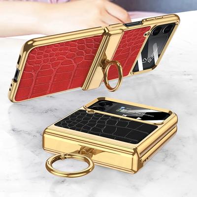 Luxury Plating Leather Case for Samsung Galaxy Z Flip 4 Magnetic All-included Hinge Ring Holder Cover for Galaxy Z Flip4 Case
