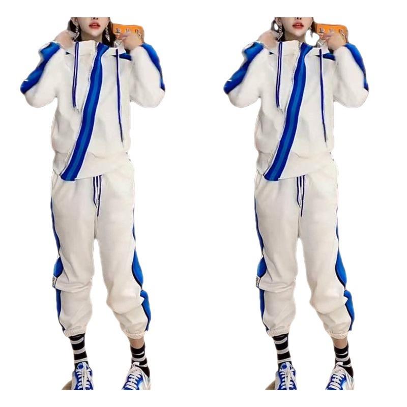 Casual Sports Fashion Suit for Women Spring and Autumn Loose Large Size Diagonal Zipper Two-piece Set