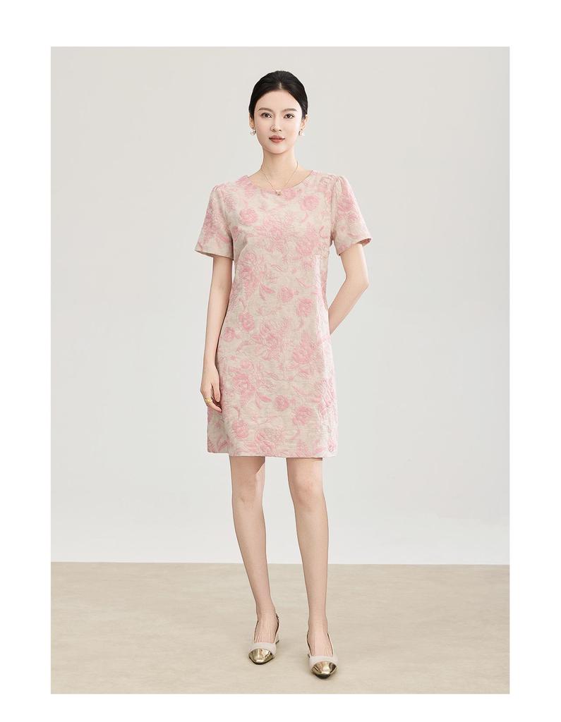 Nanyou Elegant Embroidered Jacquard Linen A-line Dress with Waist-cinching Short Sleeves for Spring/Summer Style