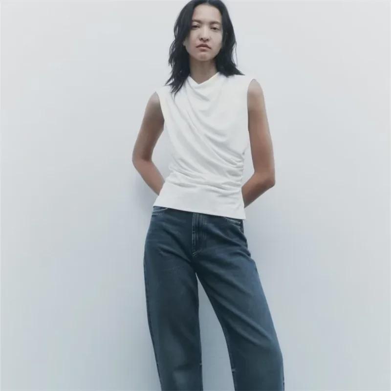 2023 Spring Women's European & American Pleated Sleeveless White Top