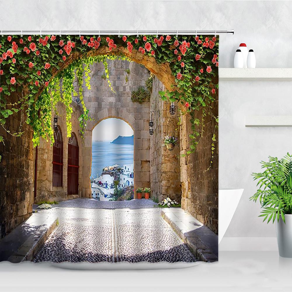 Fleurs Rouges Porte Grecque Bleue Avec Vue Sur Mer Sur Île Rideaux de Douche Tissu Imperméable Ensemble de Rideaux de Salle de Bain Décoration de Baignoire pour la Maison