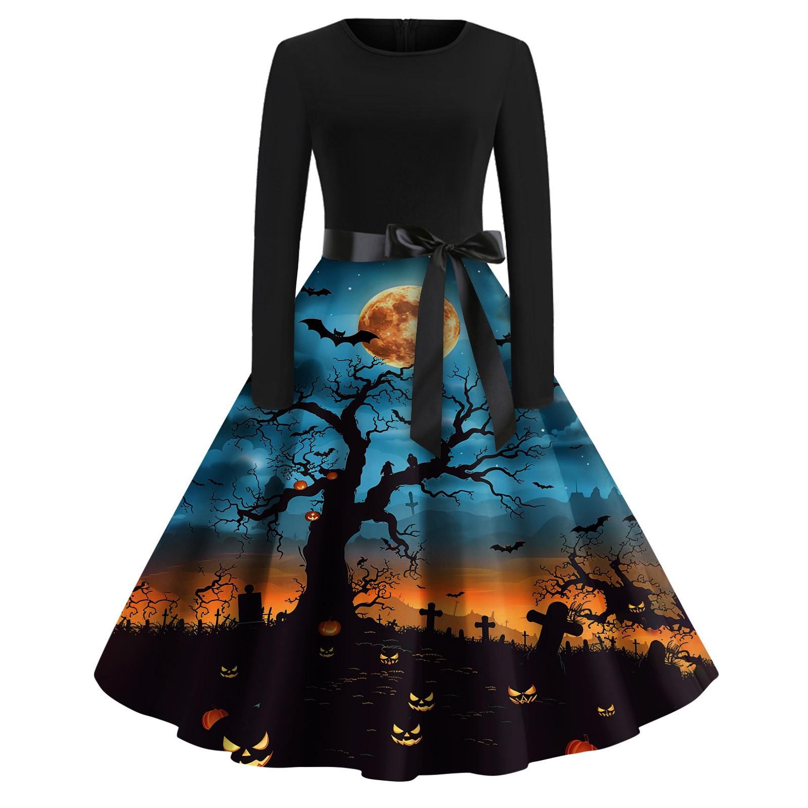 

Женское модное платье с V-образным вырезом, повседневное, приталенное, с принтом на Хэллоуин, с длинным рукавом S