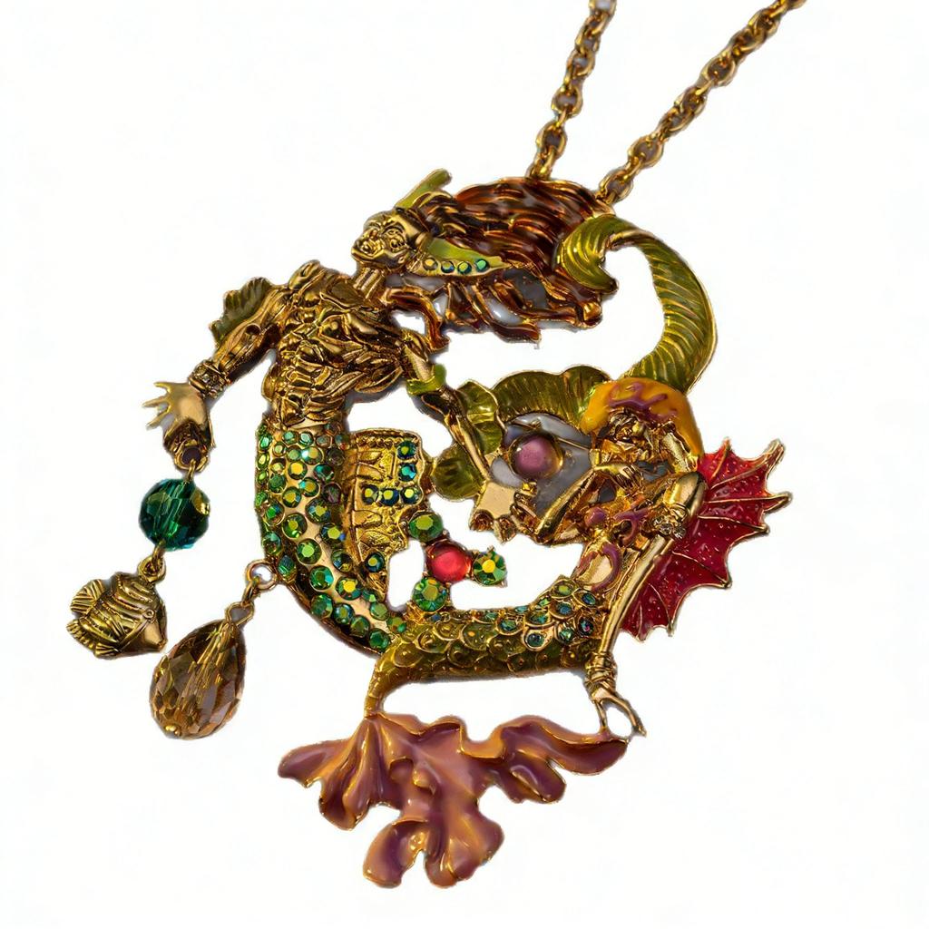 French Retro Vintage Mermaid Brooch Necklace Dual-Use Luxurious Exquisite Ocean Fish Necklace Jewelry Birthday Gifts for Women