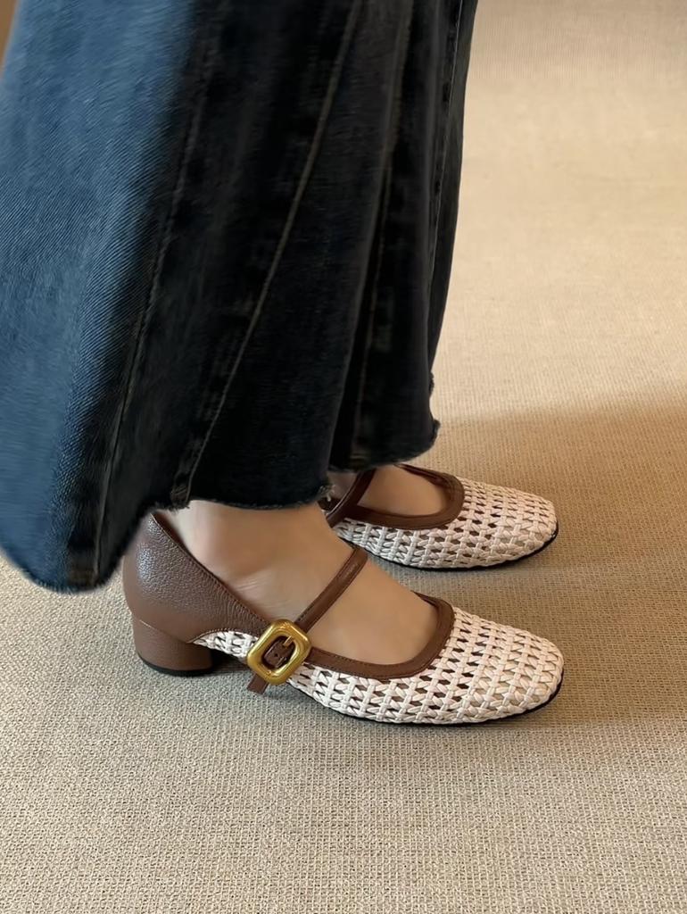 Woven hollow thick heel shoes women's shoes versatile retro square head Mary Jane shoes women's summer high heels are not tired