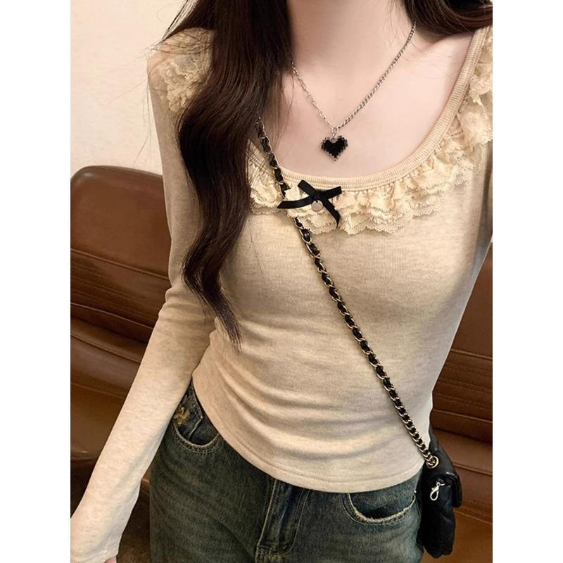 High-end U-neck Clavicle Sexy Bottoming T-shirt for Women In Spring and Autumn Pure Desire Lace Patchwork Waist Slimming Inner Wear