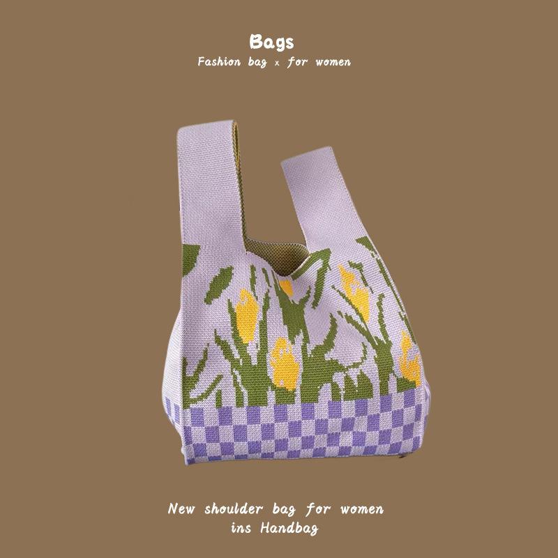 Ins Trendy Handbag Women'S Knitted Wool Bucket Bag Hand Carry Casual Tote Bag Box Lunch Bag