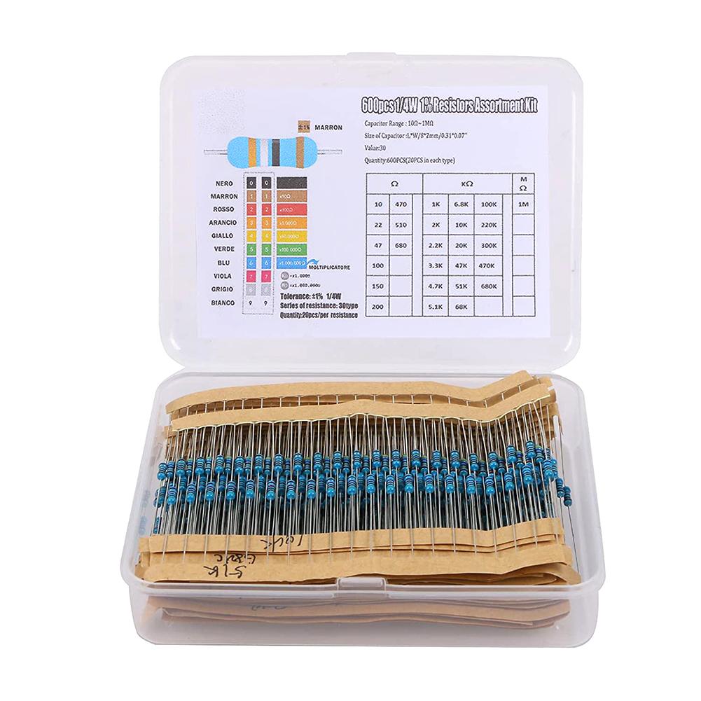 

300/600pcs Metal Film Resistor Pack Assorted Kit 30 Kinds 10R-1M Resistance 1/4W 1% Mixed Metal Film Resistance Pack 600pcs box