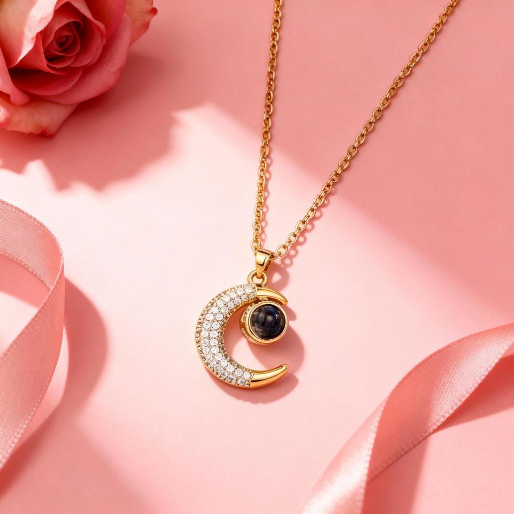 100 Languages Projection Moon Pendant Necklace in Gold-Plated Titanium Steel