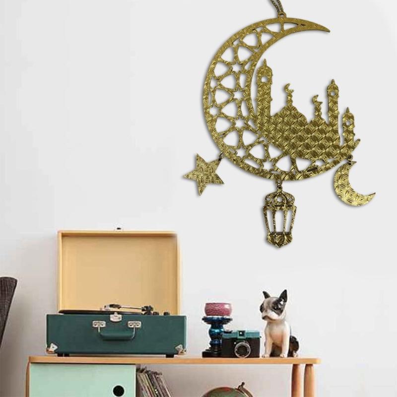 Eid Mubarak Home Decoration Golden Moon and Star Wood Holiday Pendant Decorative Hanging Ornament for Home Office