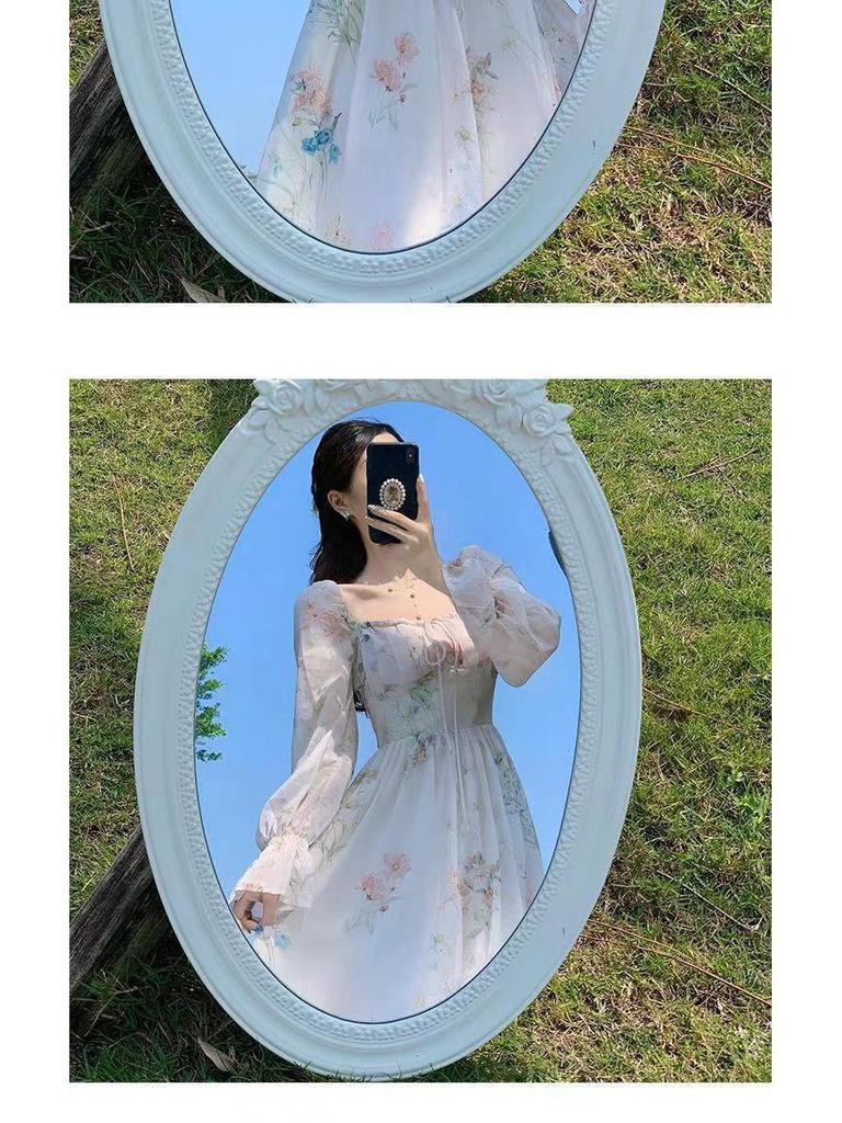 2025 Floral Chiffon Tea Dress: Sweet Long Sleeve French Princess Style
