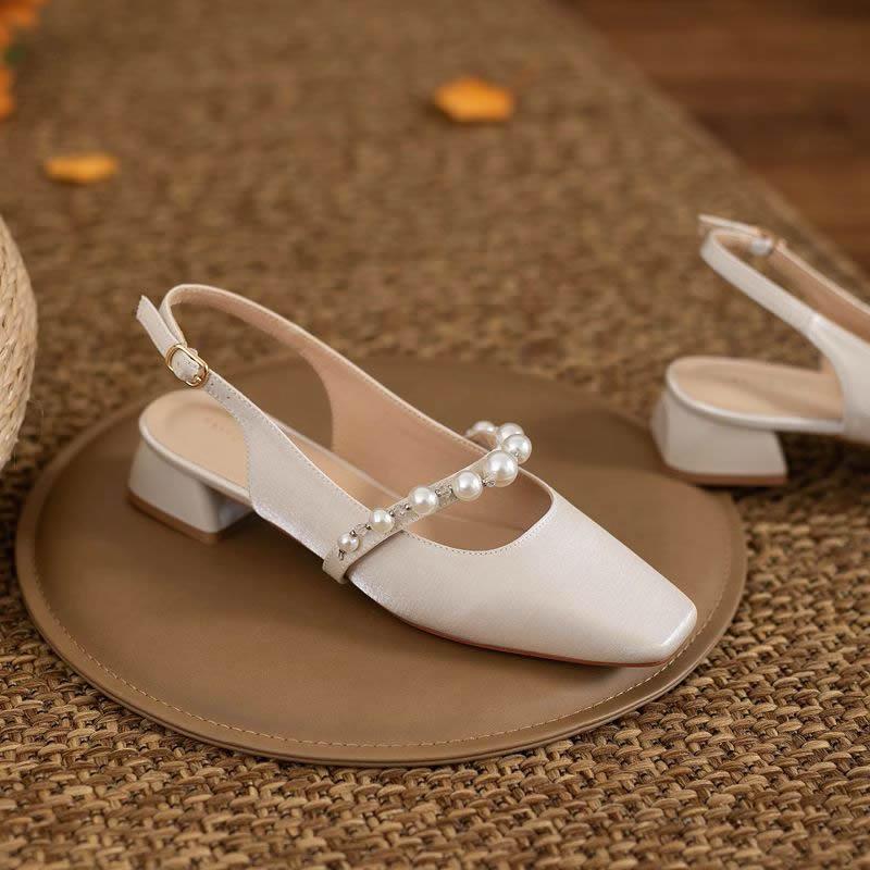 Pearl Sandals Espadrilles Platform Female Shoe Med Square Toe Clear Heels Buckle Strap 2025 Women's High Girls Medium High-heele