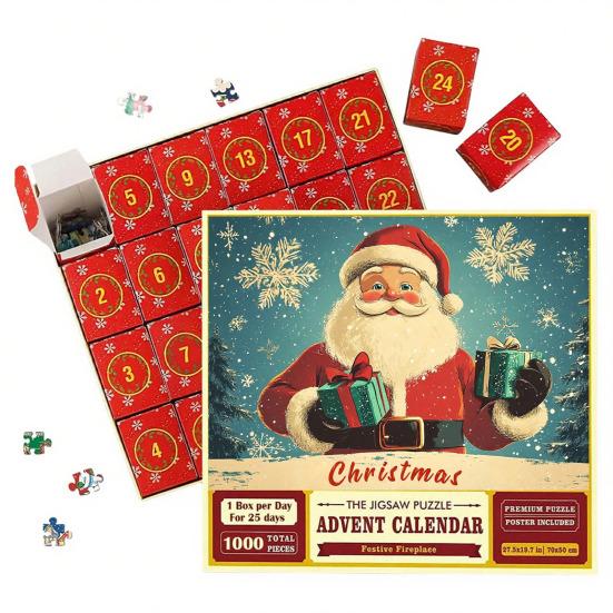 1000Pcs/Set Christmas Jigsaw Puzzle Advent Puzzle 2025 24 Days Educational Puzzle Xmas Countdown Calendar Decoration Holiday Party Gift