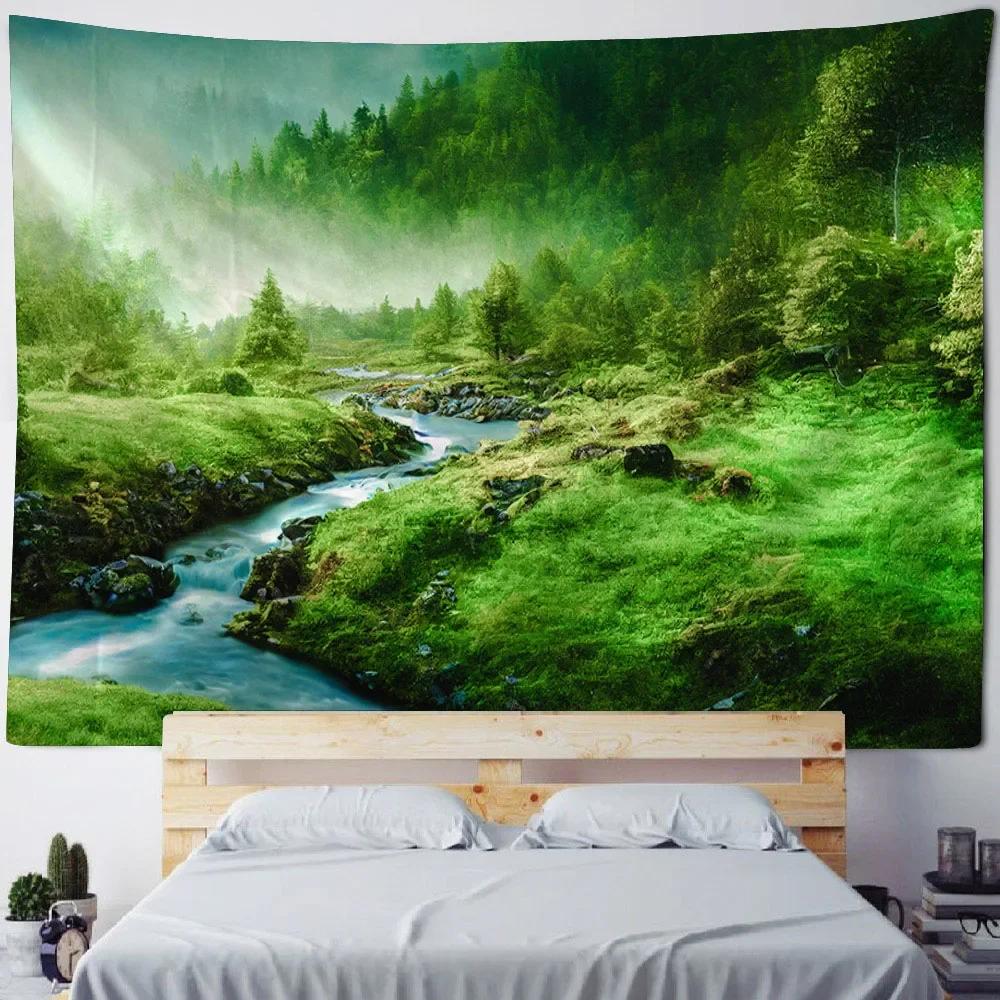 Large 3D Printed Tapestry Green Forest Landscape Wall Hanging Cloth Hippie Bohemian Home Art Decoration Living Room Wall Decor