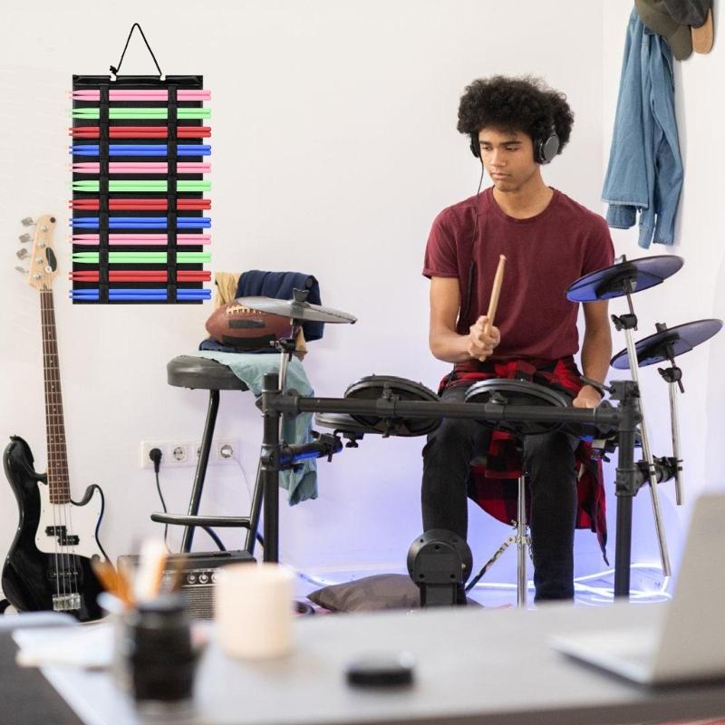 Hanging Drumstick Holder, Wall Drumstick Display Bag for 12 Pairs Drumsticks, Foldable Felt Drum Stick Holder Pouches