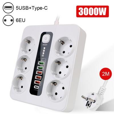 Ochrana proti přetížení 3000W prodlužovací zásuvka USB Typ C EU zástrčka s bezpečnostním vypínačem Napájecí proužek 2M kabel šetřící místo