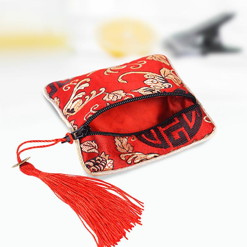 Chinese Brocade Jewelry Bag Handmade Silk Embroidery Padded Small Zipper Tassel Jewelry Organizer Storage Pouch Satin Gift Bag