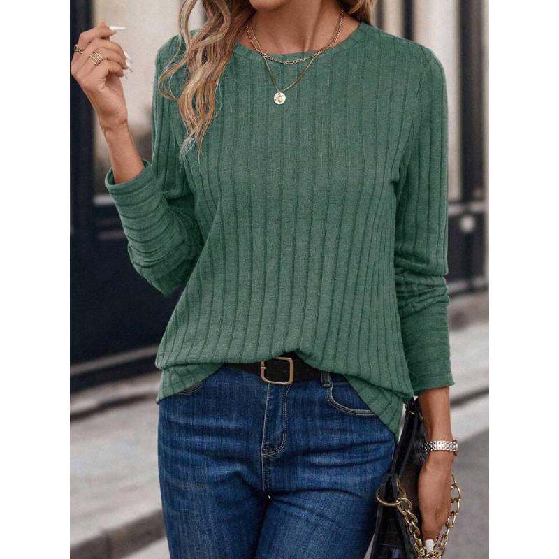 Solid Color Round Neck Ribbed T-shirt Spring and Autumn Casual Long-sleeved Top Women's