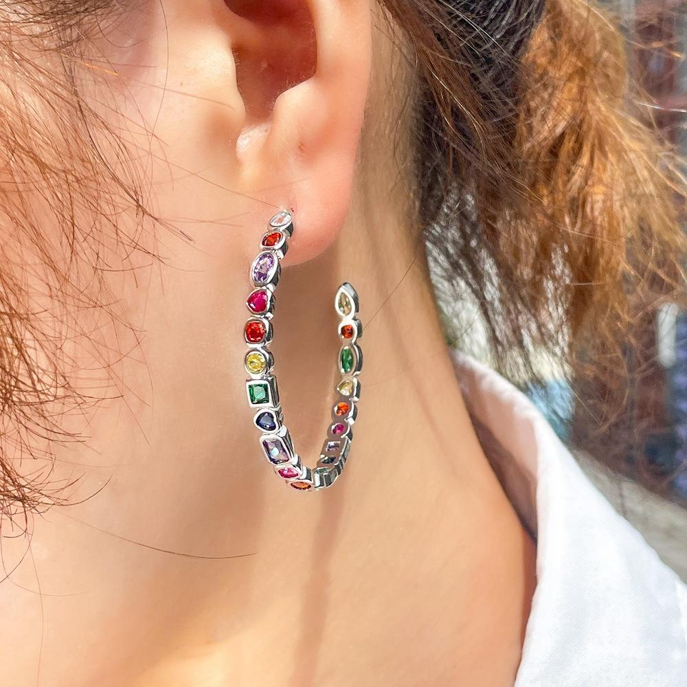 Women's Trendy Bohemia Jewelry Colorful Rainbow Cubic Zirconia Gold Plated Big Circle Hoop Earrings for Party Fashionable Gifts