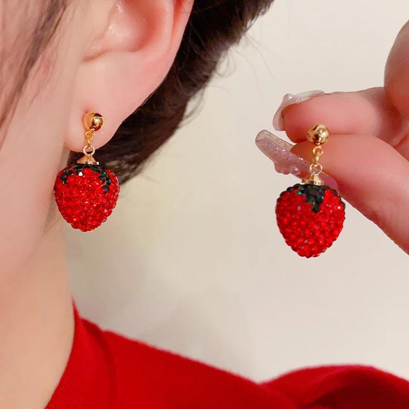 Sweet Cute Red Apple Shaped Earrings For Women Full Rhinestone Strawberry Rose Flower Green Leaf Earring Wedding Party Jewelry