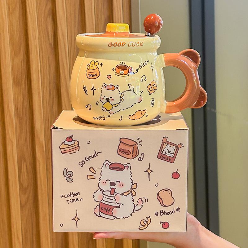 Birthday Gift Cute Cream Puppy Water Cup Girls Ceramic Mug with Lid Girlfriend Children Practical Souvenir