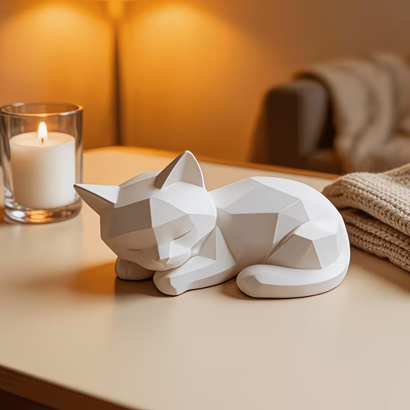 Cute Abstract Geometric Sleeping Cat Ornament - Modern Minimalist Plastic Figurine Home & Office Desk Decor