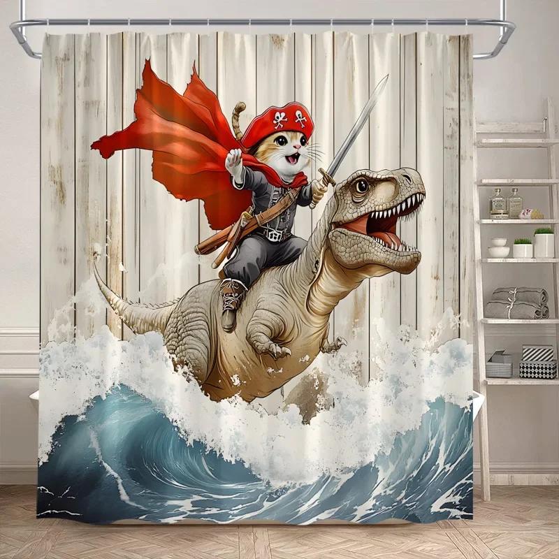 Lustige Badende Dinosaurier Duschvorhänge Schwarze Katze Tiersilhouette Kinder Badevorhang Modernes Polyester Badezimmerdekor mit Haken