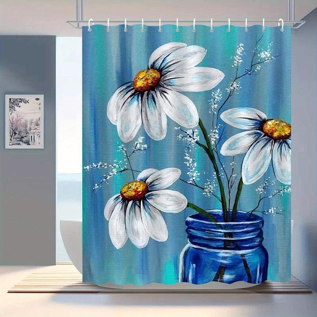 Blue Daisy Oil Painting Shower Curtain - Polyester, 12 Hooks, Machine Washable, Artistic Floral Design for Elegant Bathrooms