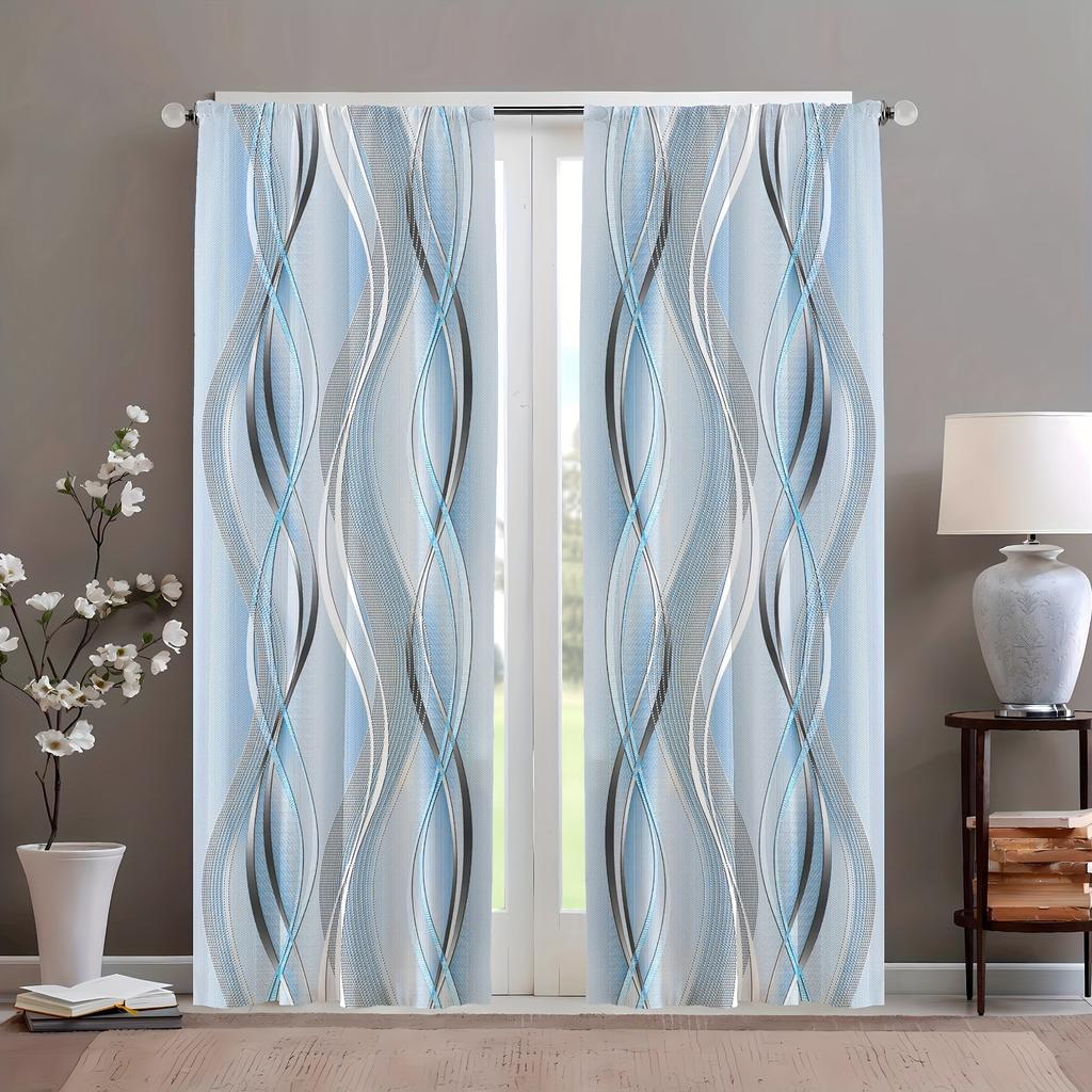 2 Pieces of Light Blue Lines Printed Curtains, Pole Bag Curtains 42*84, Home Decoration, Room Decoration