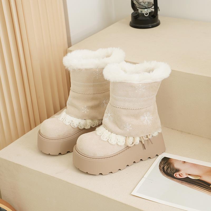 

Winter Fashion~ Vintage Snowflake Embroidery Splicing Lace Strap Snow Boots Round Head Platform Cotton Boots 40