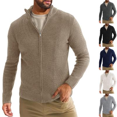 Męski Sweter Kardigan Rozpinany na Zamek z Kołnierzem Stójką, Luźny, Casualowy, Outdoorowy, z Długim Rękawem, Dzianinowa Kurtka