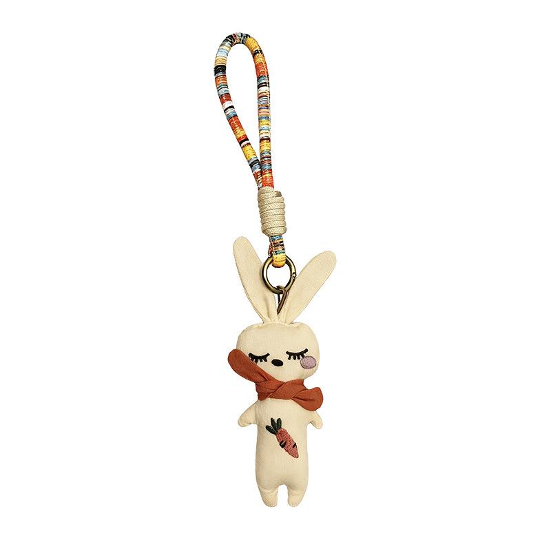 Handmade Fabric Rabbit Keyring, Linen Bunny Pendant with Carrot Embroidery & Multicolor Cord,Sleeping Bunny Keychain, Cute Plush Charm
