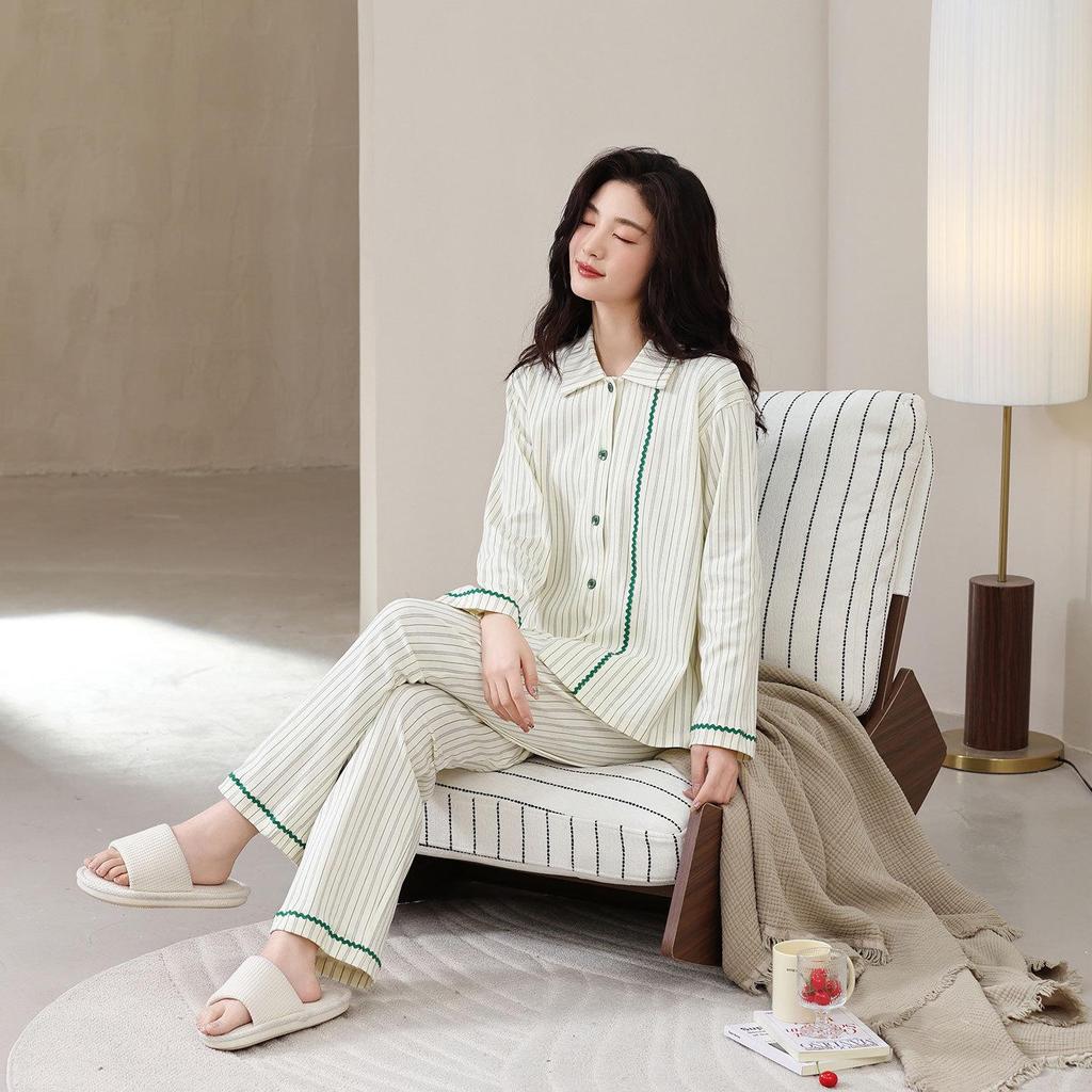 Women's Pure Cotton Striped Long-Sleeve Pajamas Set for Spring/Autumn, Wear Indoors or Out, Customizable Design Available.