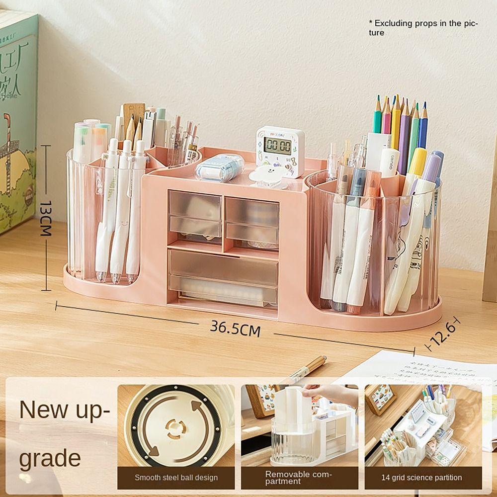 Double Rotation Drawer Pen Holder Desk Stationery Storage Pencil Container Students
