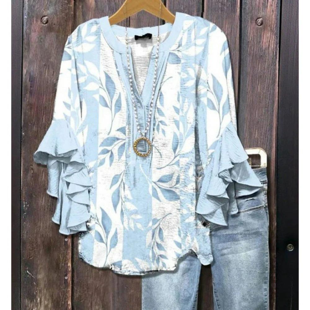Large Women's Bohemian V-neck Shirt with Ruffle Sleeves, Grey Brown Floral Print Top, Casual Breathable Machine Washable Pullover