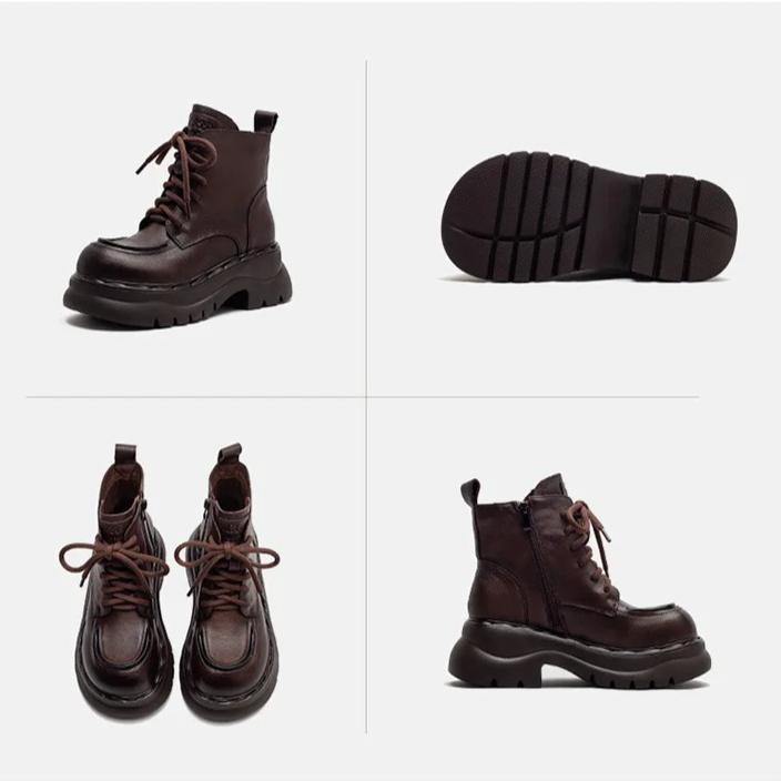 Johnature Genuine Leather Thick Soled Ankle Boots Retro Round Toe Side Zipper Women's Short Boots