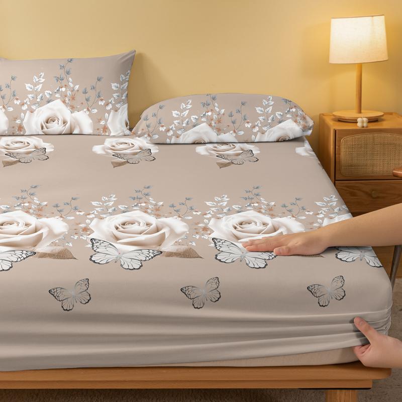 1 Simple Modern Plant Flower Butterfly Printed Matte Fitted Sheet, Bedroom Printed Bed Cover, Bedding (Excluding Pillowcases)