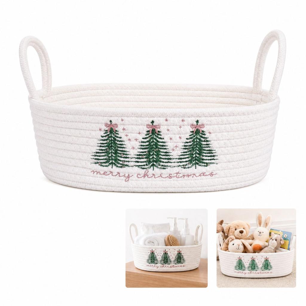 Christmas Tree Embroidered Cotton Rope Storage Basket with Handles, Basket and for Baby Toys and Home Clutter