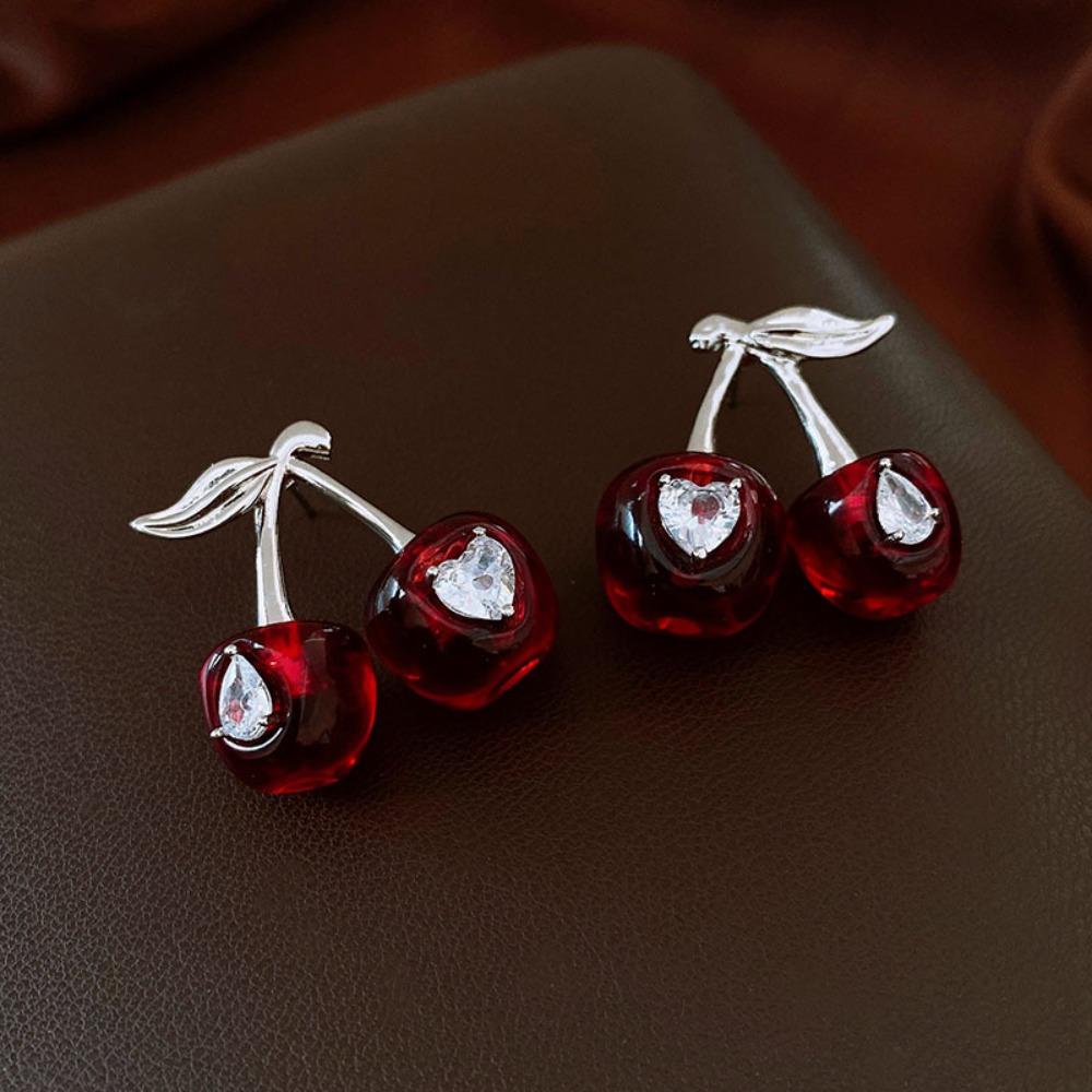 Pendant Cherry Necklace Heart Crystal Ear Studs Exquisite Cherry Jewelry Set  Gift