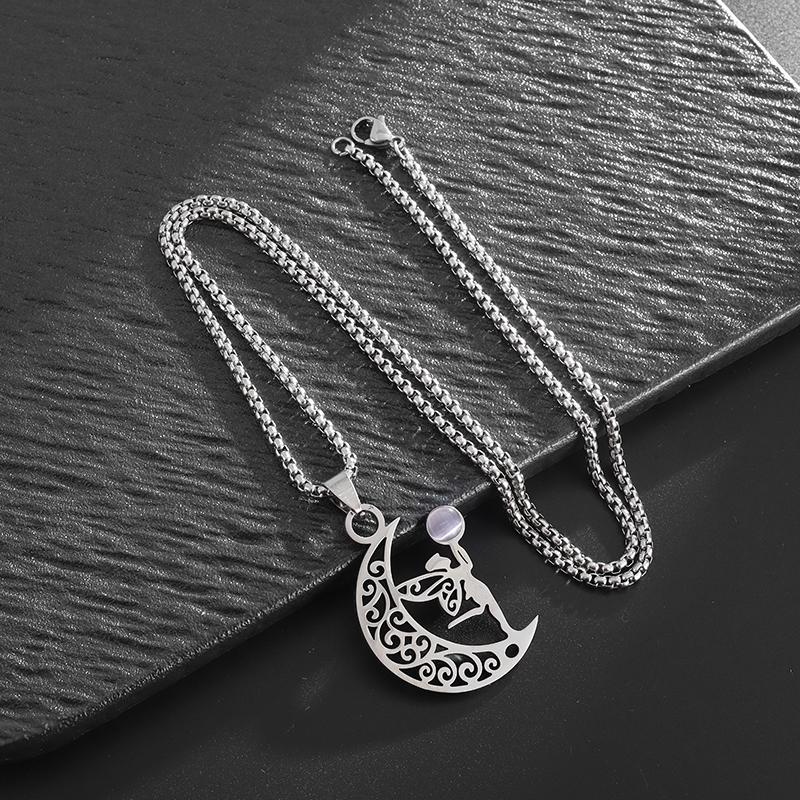 Stainless Steel Moon Elf Pendant Necklace for Men and Women Fashion Popular Lucky Amulet Jewelry Gift