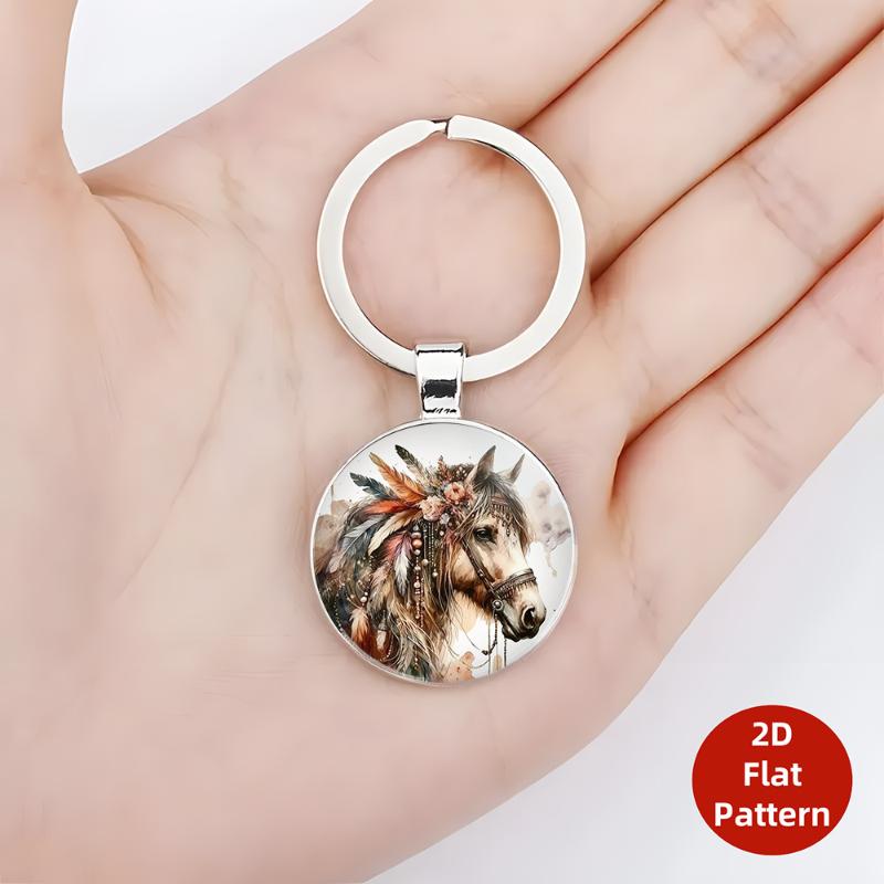 Fashion Vintage Horse Pattern Design Dome Glass Alloy Keychain Backpack Pendant Hanging Decoration Car Keyring Gifts