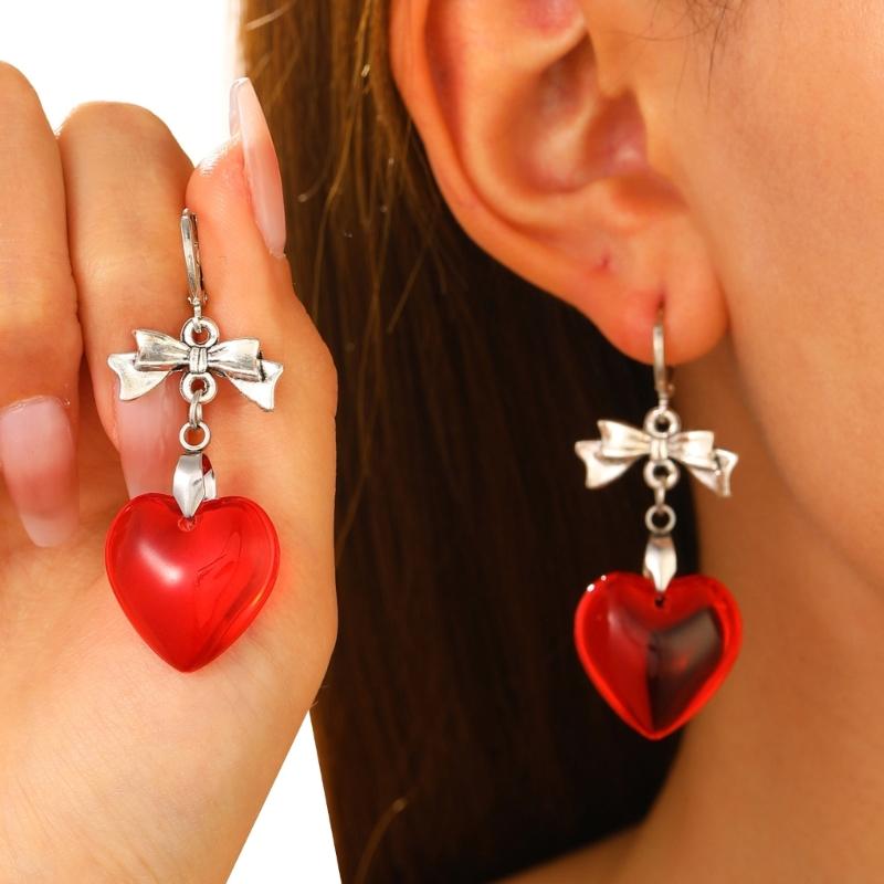 Sweet Cool Bowknot Earings Glass Love Heart Dangle Earrings Pendant Ear Rings Jewelry Punk Accessory for Women and Girls
