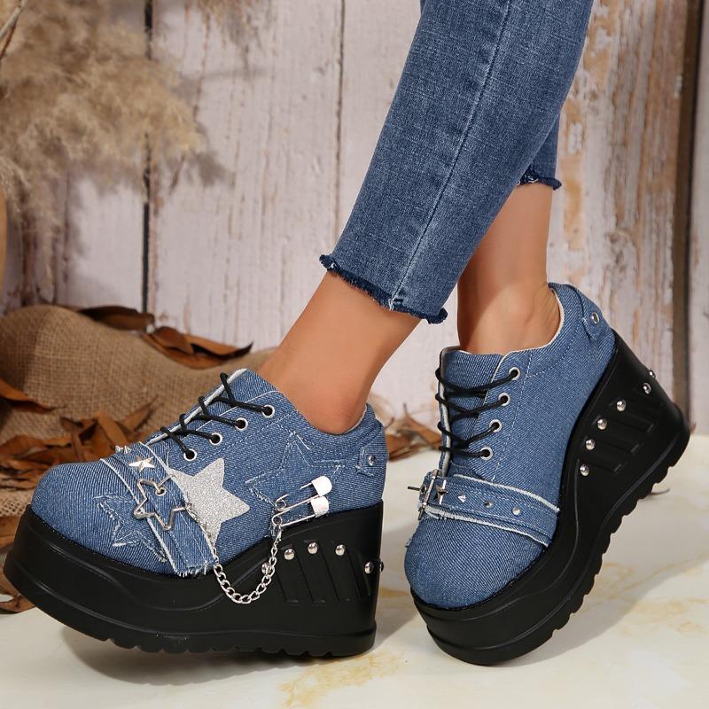 Gothic Chunky Platform Wedges Denim Women Mary Janes Shoes 2024 New Y2k Sweet Cute Women Shoes Pumps Loafers Comfy Shoes