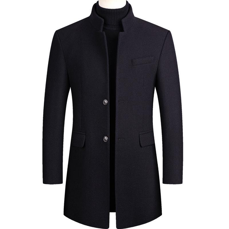 Men's Mid-Length Woolen Overcoat with Cotton Padding