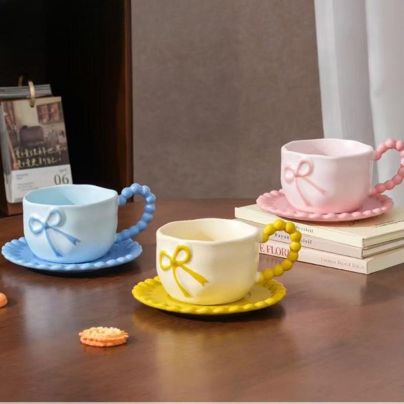 Underglaze Color Hand Painted High Value Bow Ceramic Coffee Cup and Saucer Couple Gift Cup and Saucer